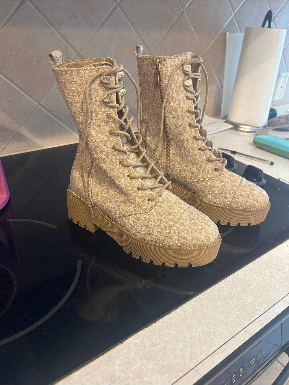MK Bryce Logo Lace-Up Platform Combat Boots in Beige